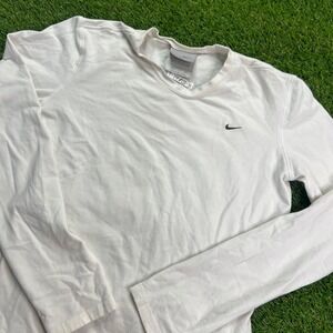 Nike Long‎ Sleeve Shirt S White Dri-Fit Crewneck Minimal Logo Athletic Tee